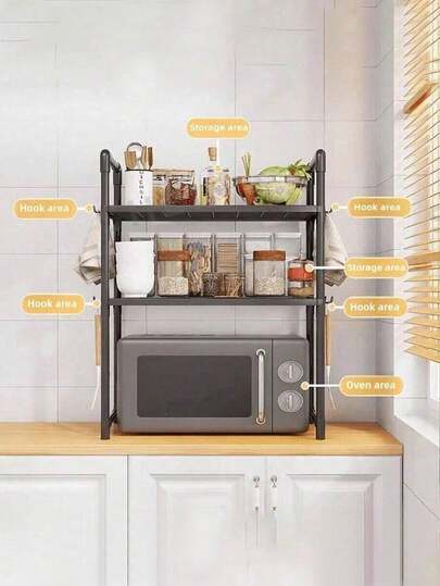 1件双层厨房置物架，带扶手，多功能厨房收纳架，适用于微波炉、面包机、调料及其他杂物