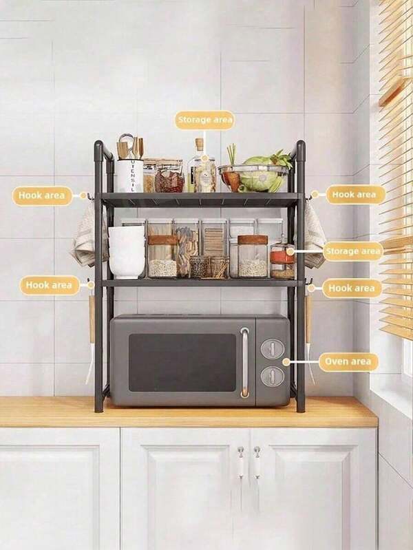 1件双层厨房置物架，带扶手，多功能厨房收纳架，适用于微波炉、面包机、调料及其他杂物