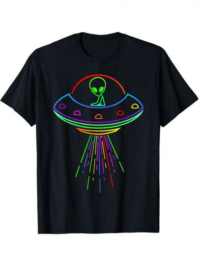 Camiseta negra UFO neón que brilla en la oscuridad para hombres y mujeres - Camiseta gráfica de alienígena espacial con diseño de UFO y extraterrestre - Camiseta de cuello redondo suave para cosplay, raves, gimnasio, atuendos casuales - Ropa ligera para amantes de los extraterrestres, decoración de extraterrestres, ropa rave, top de impresión vibrante, ajuste cómodo, ropa de gimnasio, moda de streetwear, material transpirable, top impreso, atuendo para parejas