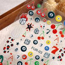 2pcs Y2K Style 3D Nail Stickers - Self-Adhesive Cartoon Cherry, Leopard, Star, Billiard Ball And Playing Card Patterns, Suitable For DIY Nails, Glossy Effect, Disposable, Embroidered Texture, Rectangular, Fun Creative Design, DIY Manicure - Multicolor - View 4