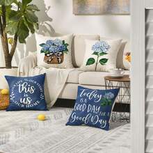 4PCS Blue Hydrangea Spring And Summer Throw Pillow Cover, Today Is A Beautiful Day Deep Blue Cushion Cover For Sofa(16in X 16in, 18in X 18in, 20in X 20in) - Blue - View 5