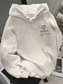 Felpa con cappuccio oversize con stampa a cuore e motivo leopardato LOVE JOYY, abbigliamento casual alla moda e confortevole, adatto per autunno/inverno, per uso quotidiano, scuola e tempo libero, colore grigio - Grigio - Visualizzare 3