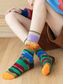 4 Pairs Spring/Autumn Personalized Portrait & Landscape Painting Style Mid-Calf Socks, Fashionable Street Style Couples Socks, Artistic & Unique Design Socks - Multicolor - View 3