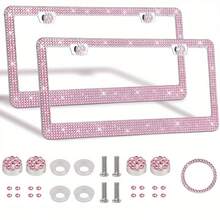 2PCS Stainless Steel License Plate Frame With Glitter Rhinestones, US Standard Size Fits All Cars/Trucks/SUVs, Women's Fashion Car Accessories, Rustproof & Easy Install, Premium Auto Decor, Birthday Gift Idea - Pink 2pcs - View 8