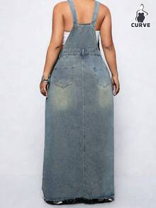 Women's Plus Size Denim Overall Dress Adjustable Shoulder Straps Frayed Hem Design Loose Fit Oversized Long Dress Casual Elegant Outfit Daily - 海藍色 - 查看 3