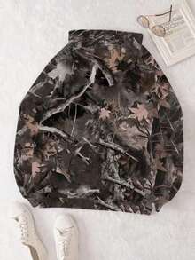 Dry Leaf Camouflage Hoodie,Autumn/Winter,Women's Fall/Winter Going Out Streetwear Couple Same Style/Couple Same Style/Basic/Going Out Knit Camo Fleece Lined Keep Warm Zip Up Green Baggy Long Sleeve Sweatshirt,Nature-Inspired Camouflage Print (Tree/Bark/Leaf Motifs),Oversized Hoodie, Relaxed Fit, Adjustable Drawstring Hood,Kangaroo Pocket, Ribbed Cuffs/Hem,Streetwear Vibe, Outdoor-Inspired Aesthetic,Moody Tones (Charcoal/Light Gray/Earth Brown) - 棕色 - 查看 3