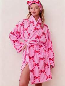 Women's Premium Plush Long Soft Cozy RobeCute ParternWarm Fleece Shawl Bathrobe With Pockets - 紅色 - 查看 2