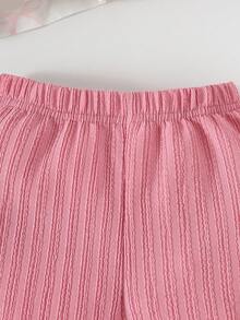 2 peças/Conjunto Casual Doce de Meninas Bebê com Estampa de Laço, Regata com Laço + Shorts Jacquard Confortáveis, Conjunto de Verão para Férias - Rosa chiclete - Visão 9