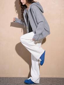 Women's Casual Front Embroidery Hooded Zip-Up Cardigan Jacket, Spring - Grey - View 5