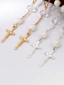 1件哥特式十字架、天使翅膀、玫瑰花、时尚珍珠流苏手链