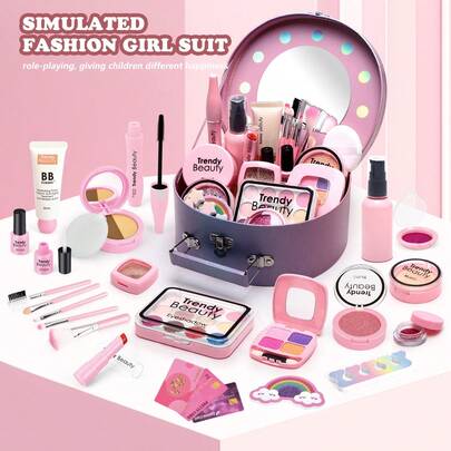 儿童梦幻化妆玩具梳妆台套装，包含化妆盒和各种玩具化妆配件，适合模拟化妆和美容角色扮演（趣味换装游戏），适合3-10岁女孩，是生日或儿童节的趣味礼物。