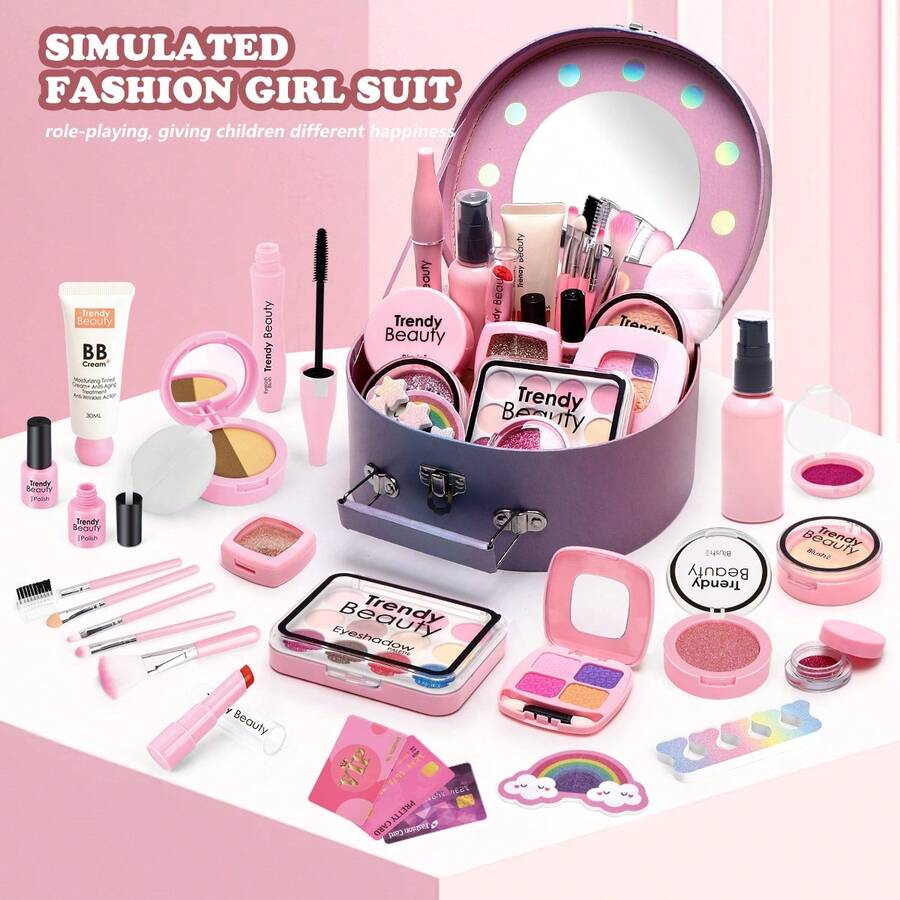 儿童梦幻化妆玩具梳妆台套装，包含化妆盒和各种玩具化妆配件，适合模拟化妆和美容角色扮演（趣味换装游戏），适合3-10岁女孩，是生日或儿童节的趣味礼物。 - 彩色 - 查看 1