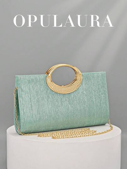 OpulAura 女士时尚闪亮水晶水钻晚宴手拿包，优雅薄荷绿条纹装饰手提包，配金属链条肩带，魅力闪耀派对包，完美适合女士、新娘、新年装扮和正式场合