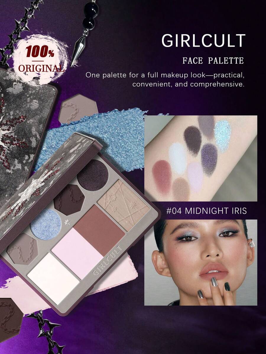 GIRLCULT 13g/0.46oz Multi-Functional Makeup Palette, Artistic Color Design, Matte & Shimmer Textures, Finely Milled Powder, For Eyes, Cheeks, Highlighter, Portable Makeup Set, Creative Color Combinations - 04 Hoa diên vĩ nửa đêm - Xem 1