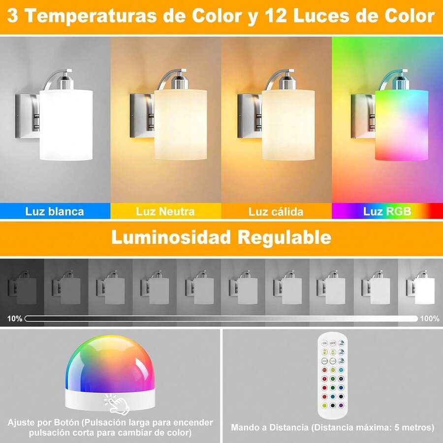Juego de 2 Lámparas de Pared Inalámbricas Con Foco Recargables, Luces LED y RGB con Control Remoto, Apliques de Pared de Tela, iluminación para Recámara, Sala de Estar, Pasillo(plateado) - Plateado - Ver 1