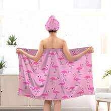 1/2件套火烈鸟图案高品质浴袍套装，1件柔软浴袍+1个吹风帽，粉色友好浴巾礼品，浴室必备，家居用品 - 彩色 - 查看 5