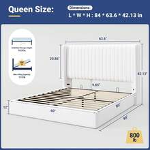 Allewie Cama elevable tamaño matrimonial/queen/king con almacenamiento, sistema hidráulico, plataforma tapizada, espacio de almacenamiento inferior, cabecera capitoné con canal vertical y respaldo de alas, sin necesidad de somier, color negro, blanco y gris. - Blanco - Ver 9