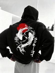 Men's Y2K Style Pure Cotton Hooded Sweatshirt Koi Fish Japanese Art Red Sun Design Streetwear Fashion Trendy Graphic Print Kangaroo Pockets And Drawstrings Long Sleeves Loose And Casual Thick Fabric Ideal For Gifts In Autumn And Winter High Quality Men's Clothing S To XL - Negro - Ver 2