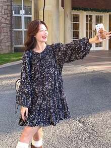 [Y6Y] Women's Black Floral Print V-Neck Long Sleeve A-Line Mini Dress, Casual Vacation Bohemian Style Woven Fabric