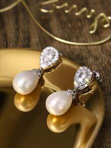 Teardrop Pearl Micro-Inlaid Zirconia Earrings, Luxurious Elegant Versatile Earrings For Women - Silver - View 5