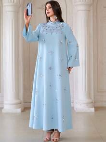 Solessence 女士纯色立领优雅长袖连衣裙，饰有水钻、珍珠和串珠 - 淺藍色 - 查看 8