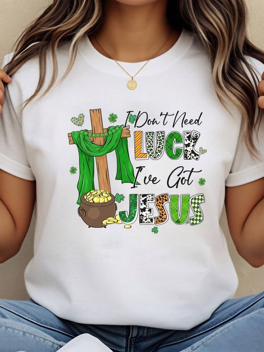 St Patrick's Day Cross And Pot Of Gold Print T Shirt Casual Christian Faith Inspired Design With Green Scarf And Shamrocks Women's Daily Wear 220g - trắng - Xem 1
