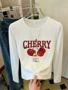 女士Y2K优雅百搭樱桃图案手写印花圆领长袖褶皱修身T恤，适合夏季和秋冬季节 | 酷炫风格 | Y2K甜美修身粉色上衣 | 春季时尚，简约风格，顺滑面料，时尚女式衬衫，情人节礼物，情人节穿搭 - 白色 - 查看 4