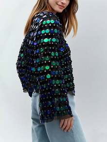 Women Y2K Stylish Vintage Disco Sequined Long Flared Sleeve Tops Sheer Mesh Bell Sleeve Shirt Blouse Glitter Sparkly Mesh Crop Top Party Club Streewear - Màu xanh lá cây đậm - Xem 2