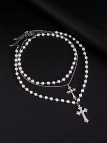 3pcs/Set Punk Hip-Hop Niche Cross Beaded Pendant Necklace, CCB Flower Cross Flat Chain Necklace Set, Men Charm Jewelry - BOXR Chain Necklace - View 14