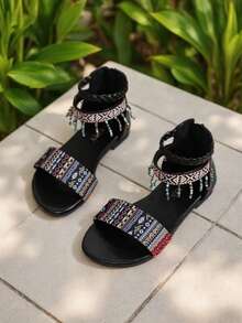 1 Pair Girls' Retro Roman Sandals, Bohemian Style, Quality PU Customized Handmade Beaded Zipper Design Flat Protective Foot Suitable For 3-15 Years Old Girls, Elementary Students, Summer Outing, Party, Versatile - Black - View 4