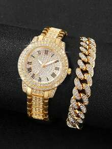 Set de 2 piezas: Reloj de cuarzo con incrustaciones de strass de aleación dorada y pulsera de cadena cubana, set de reloj para regalo de fiesta/cumpleaños - Dorado - Ver 1