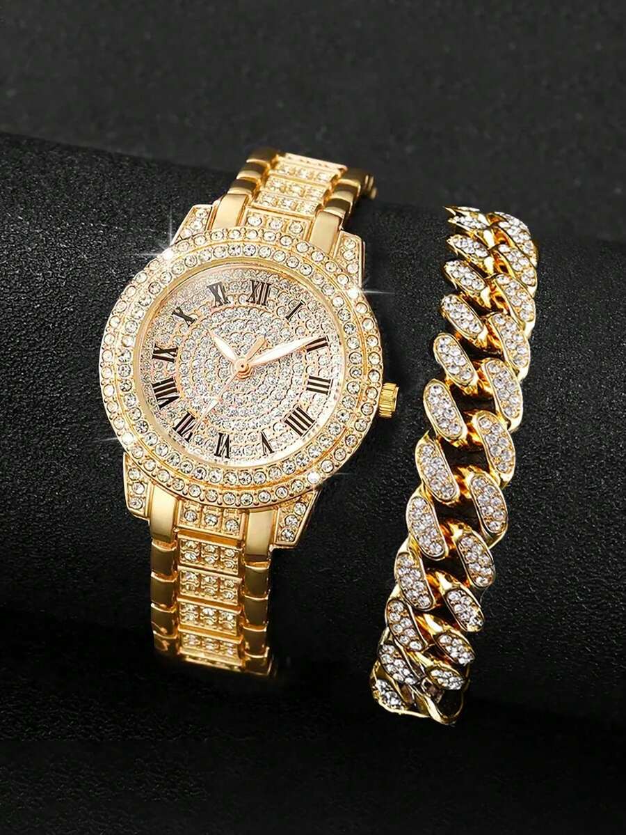 Set de 2 piezas: Reloj de cuarzo con incrustaciones de strass de aleación dorada y pulsera de cadena cubana, set de reloj para regalo de fiesta/cumpleaños - Dorado - Ver 1