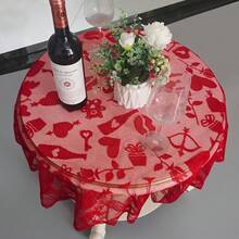 1pc Cupid Valentine's Day Round Heart-Shaped Lace Tablecloth, Red Lace Bear Angel Heart Pattern Table Runner Home Decor Anniversary Party Home Decoration Weddings And Valentine's Day Decorations - 紅色 - 查看 2
