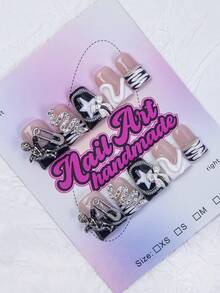 10片手工制作Y2K风格鸭嘴美甲贴片，裸色和黑色法式美甲，黑色美甲。黑金法式美甲，手绘3D金色图案和渐变美甲设计，水晶、蛇、花、行星、星星元素，适合派对、舞会、日常佩戴，男女通用，配有配件，精美礼品，按压式美甲贴片，美甲用品，美甲 - 黑色 - 查看 2