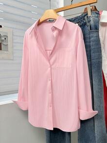 Casual Women's Pink Drop Shoulder Long Sleeve Shirt Collar Blouse With Buttons And Pocket Details Regular Length - Pink - View 7