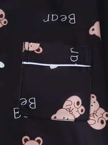 熊印花女士长袖睡衣套装 - 黑色 - 查看 3