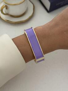 Enamel Patchwork Metal Bracelet, Luxury Purple & Pink Contrast Multi-Layer Open Cuff Bracelet For Women - Purple Powder - View 11