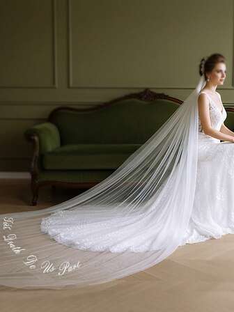 1 pieza Tul minimalista liso de 3 metros de largo con impresión de letras, accesorio elegante y versátil adecuado para el vestido de novia de mujer, boda de catedral