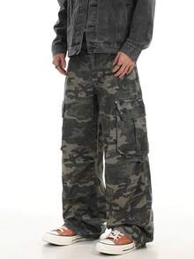 1件装 Justice Brother 街头迷彩多口袋宽松阔腿牛仔裤，男士休闲街头服饰 - 軍綠色 - 查看 4