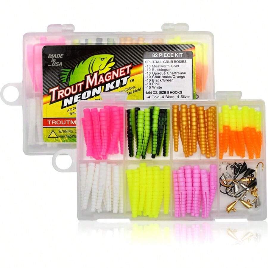 Kit de 82 piezas de imán de trucha de neón para pesca incluye 70 cuerpos de grub anzuelo de trucha y 12 ganchos de trucha de tamaño 8 - Multi - Ver 1