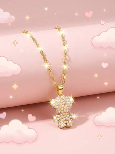 1 pieza Collar con colgante de oso decorado con perlas falsas, lindo y dulce para niñas. Elegante, de lujo ligero, para fiestas callejeras, festivales, vacaciones y glamour en la vida diaria