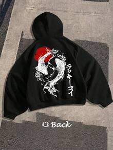 Men's Y2K Style Pure Cotton Hooded Sweatshirt Koi Fish Japanese Art Red Sun Design Streetwear Fashion Trendy Graphic Print Kangaroo Pockets And Drawstrings Long Sleeves Loose And Casual Thick Fabric Ideal For Gifts In Autumn And Winter High Quality Men's Clothing S To XL - Negro - Ver 4