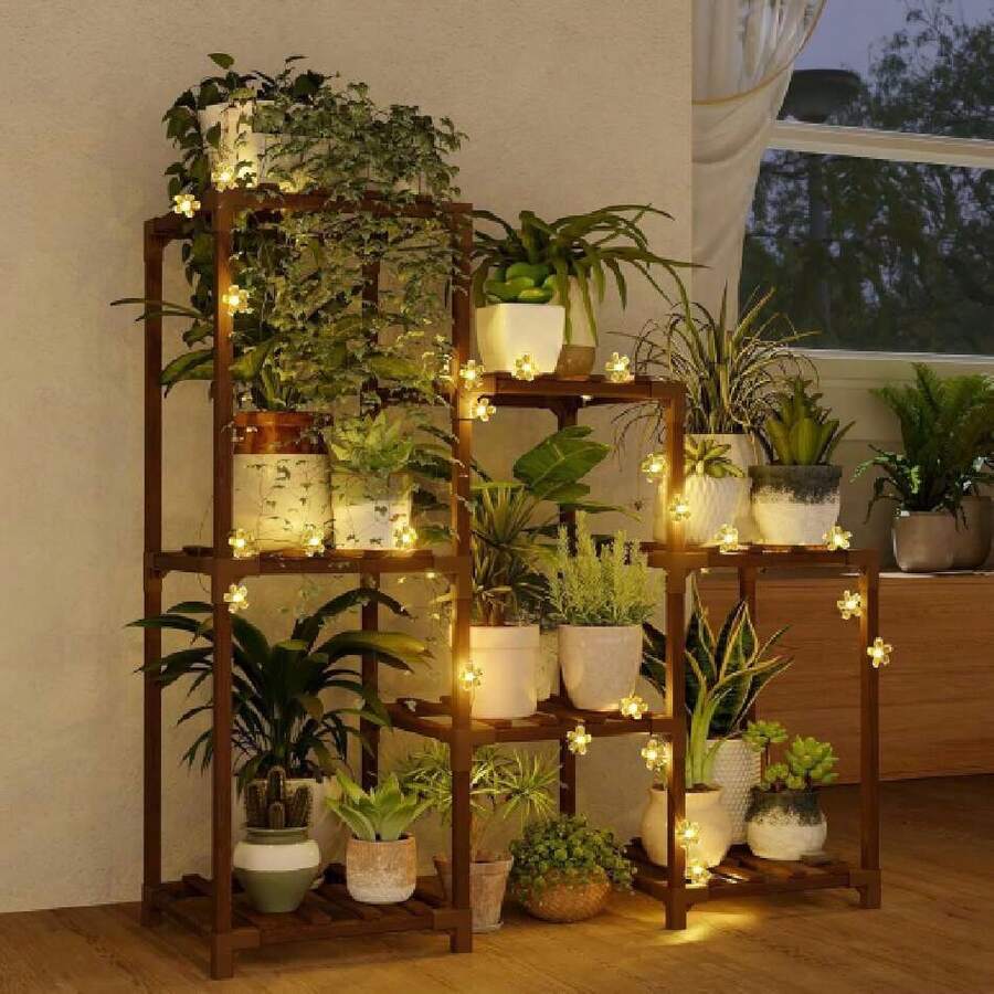 Plant Stand Indoor With Flower Fair Battery Plant Shelf Wood Plant Rack For Multiple Plants 3 Tiers Ladder Plant Holder For 7 Pots For Living Room Home Dr For Gardening Gifts,37148574 - 酒紅色 - 查看 1