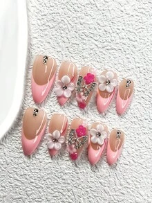10件套浪漫优雅美甲套装，凝胶美甲贴纸，手绘白色五瓣雕花，银色水钻蝴蝶，粉色玫瑰花卉美甲装饰，手工按压式美甲贴片 - 彩色 - 查看 12