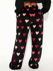 Womens Fleece Pajama Pants Heart Print Wide Leg Loose Fit Trousers Valentine's Day Sleepwear PJs For Women - 彩色 - 查看 5