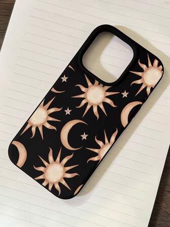 1 pieza Funda de teléfono suave de borde líquido con diseño gráfico de sol, luna y estrellas, compatible con iPhone 16/16Pro/16Plus/15/15ProMax/15Pro/11/12/13/14ProMax/11Pro/11ProMax/12Pro/12ProMax/13Pro/13ProMax/14Pro/14ProMax, creativa y premium