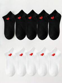 1 Pair/5 Pairs/9 Pairs/10 Pairs/15 Pairs Women Basic Versatile Casual Low-Cut Breathable Socks, Cute Heart Pattern Minimalist Sporty Style, Unisex Couples Solid Black/White/Gray Short Socks, Holiday/Valentine's Day Gift - Multicolor - View 16