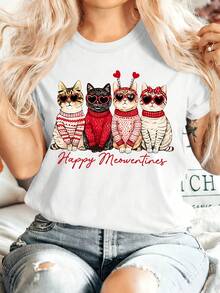 Valentine's Day Gift: Spring/Summer Women's Wear - Happy Meowentines Print Round Neck Short Sleeve T-Shirt Featuring A Cat Wearing A Red Sweater And Heart-Shaped Fashion Glasses. Comfortable, Soft, Fashionable, Elegant, Versatile For Parties. Vintage - trắng - Xem 1