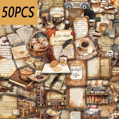 50 piezas Pegatinas de la serie Retro Coffee Shop, para decorar tabletas, tazas aisladas, cascos, cajas de regalo, pegatinas de PET resistentes al agua