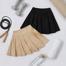 2pcs Tween Girls' Casual Shorts Skirts, Solid Color Short Skirts, Sporty, Tennis, Daily Wear (YY867) - Multicolor - View 9